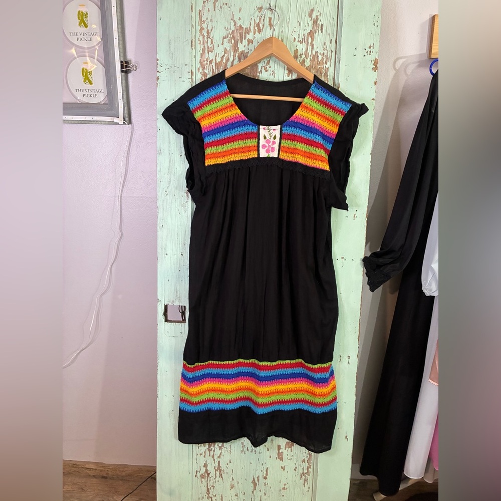 Handmade black midi rainbow Colorful Crochet dress